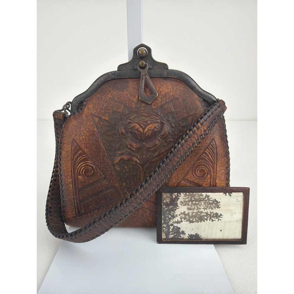 Justin Co Antique 1920s Tooled Leather Handbag w Mirror Art Deco Purse Set